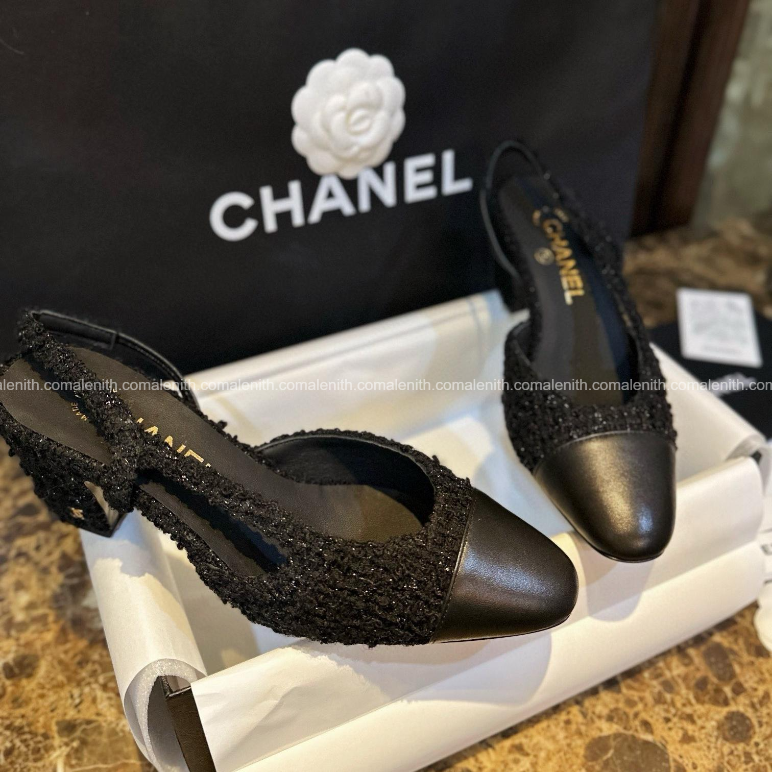 Chanel Black Glitter Tweed High Heel Slingback